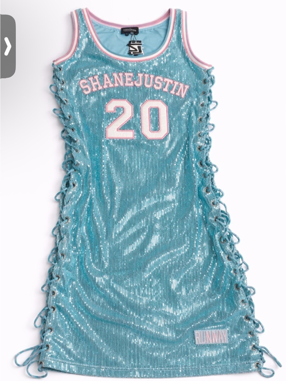 Shane Justin Aqua Sequin Lace-Up Dress with Pink Trim